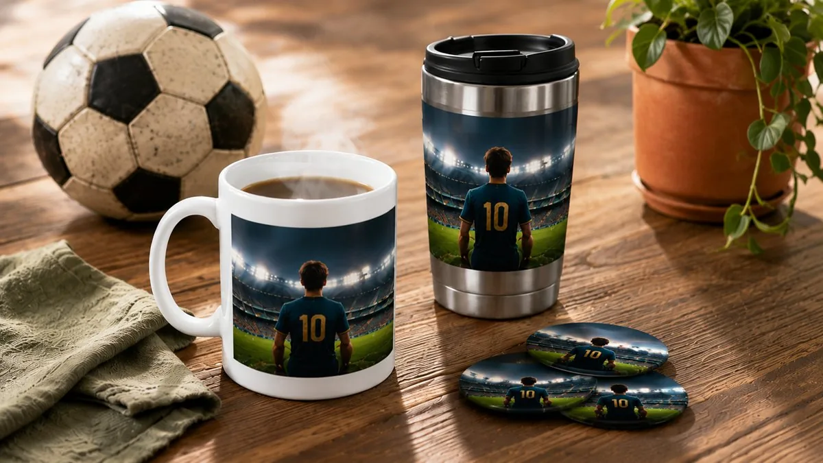 Custom photo mug, travel mug, and photo magnets with stadium image as a Championship Summer fan set