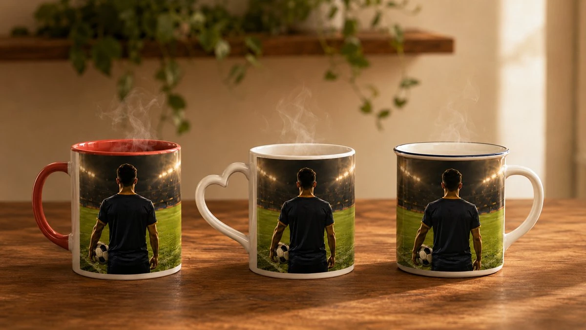 Three custom photo mug styles compared: classic ceramic, magic mug, and enamel mug