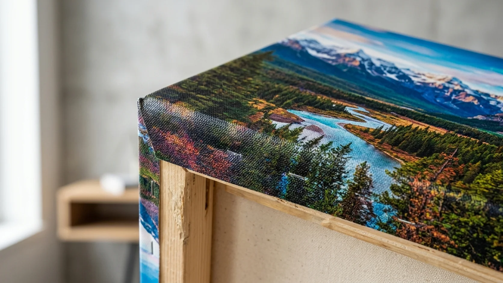 Corner of a gallery-wrapped canvas print, the landscape photo folding over the wooden frame edge