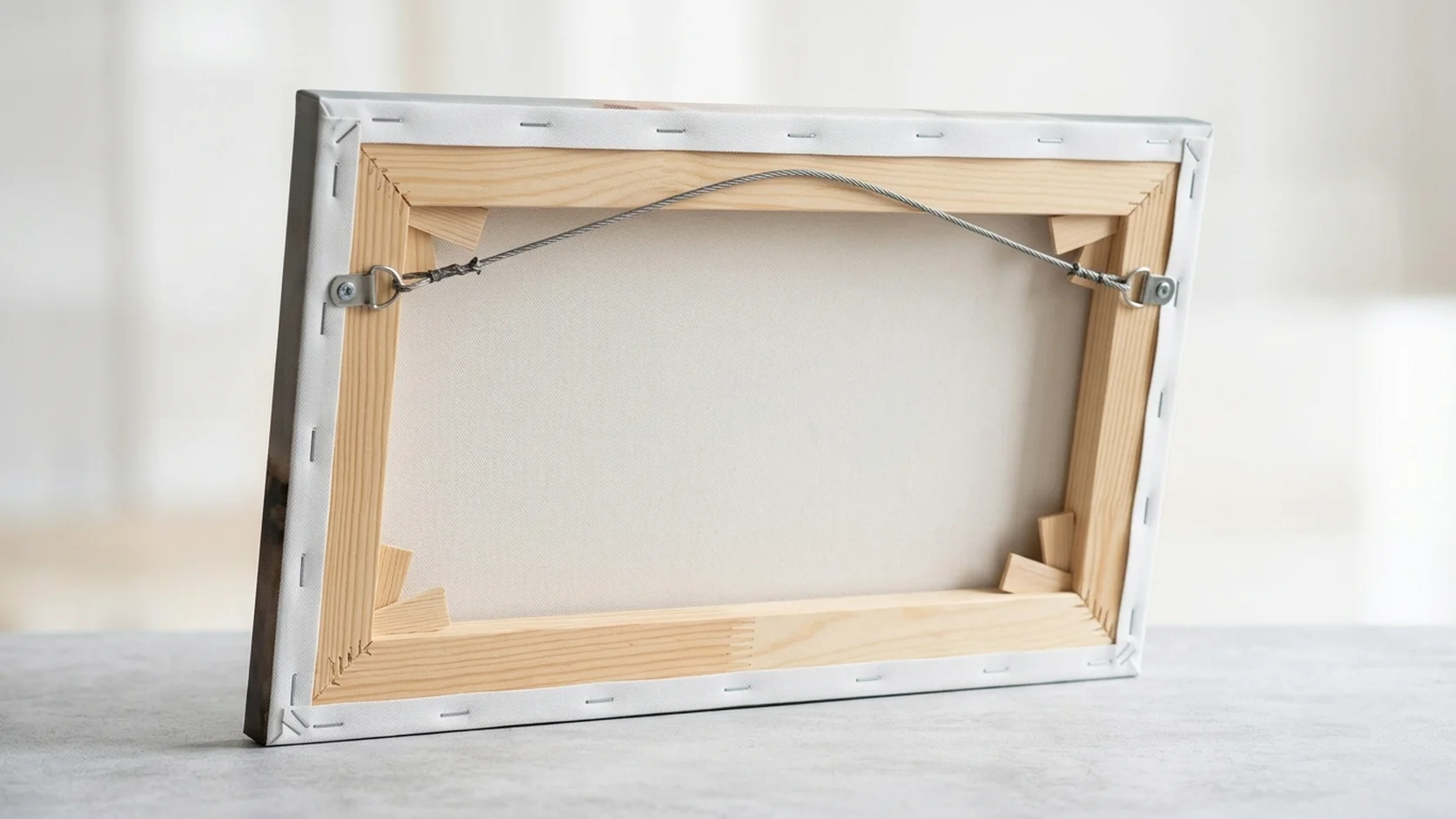 Back of a canvas print showing the wooden stretcher frame, stapled canvas, and hanging wire