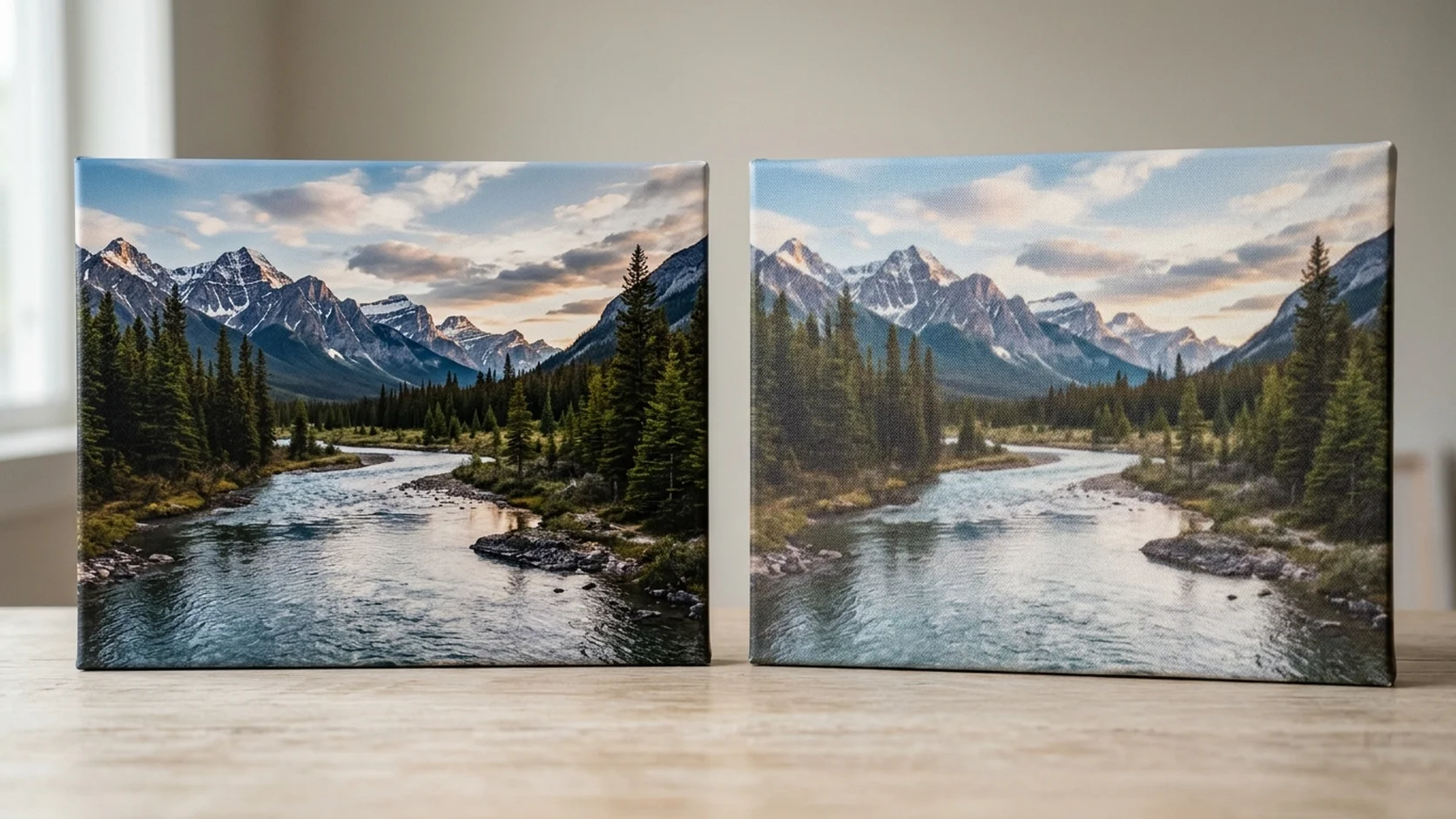 Two canvas prints of the same landscape side by side, one vivid and one faded from poor-quality inks