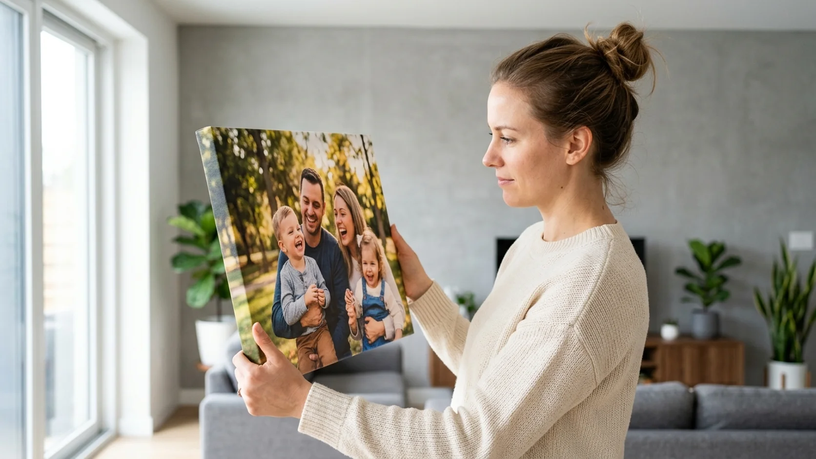 A woman in a living room inspecting the quality of a family portrait canvas print