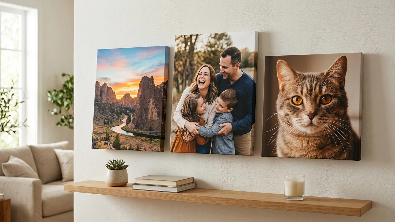 Three canvas prints on a living room wall: a canyon landscape, a laughing family, and a pet portrait