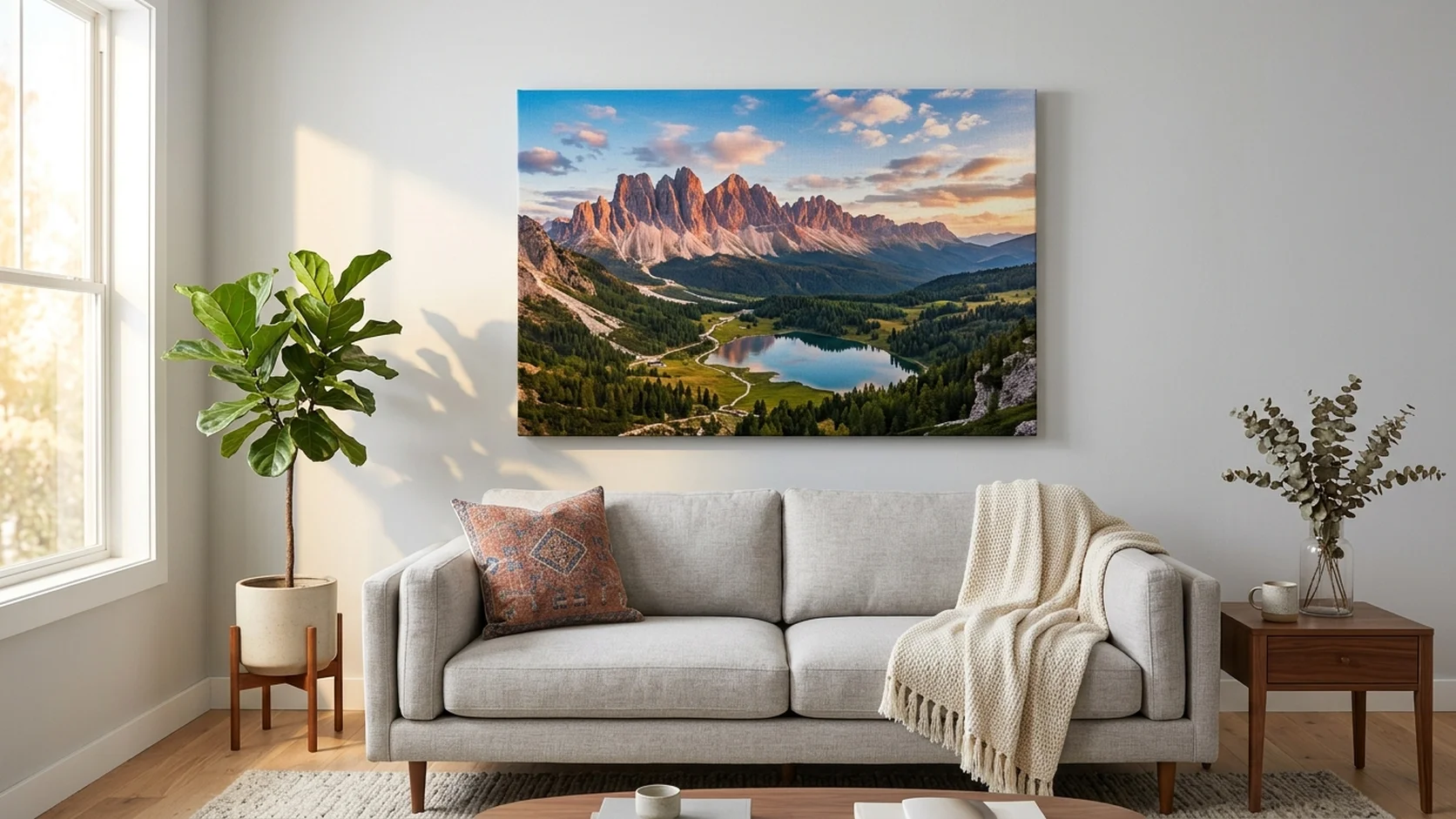 A large mountain and lake landscape canvas print hanging above a grey sofa in a bright living room