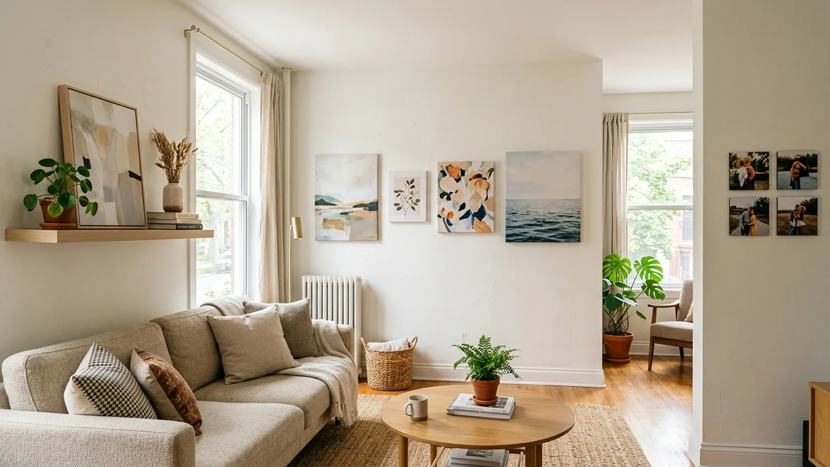 A gallery of canvas prints displayed damage-free on a rental apartment wall