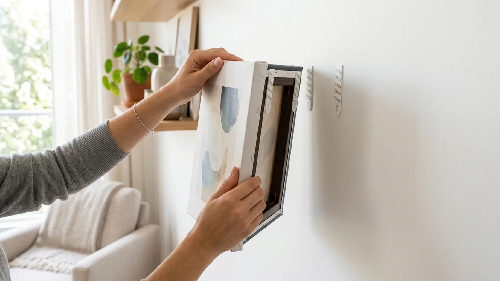 Command strips and adhesive hooks used to hang canvas prints without nails