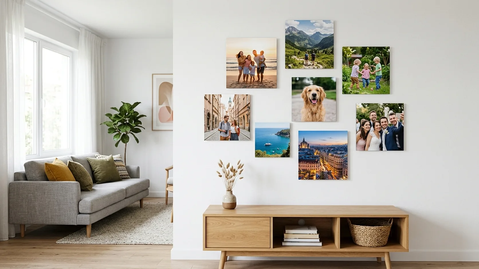 MixPix adhesive photo tiles arranged in a modular gallery on a wall