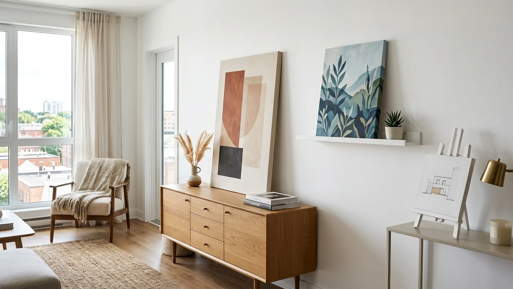 A large canvas print leaning against the wall on top of a dresser