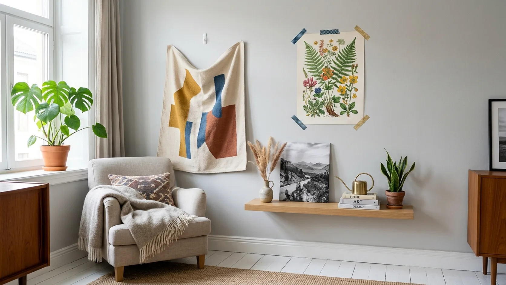 A canvas print displayed on a tabletop easel in a reading nook