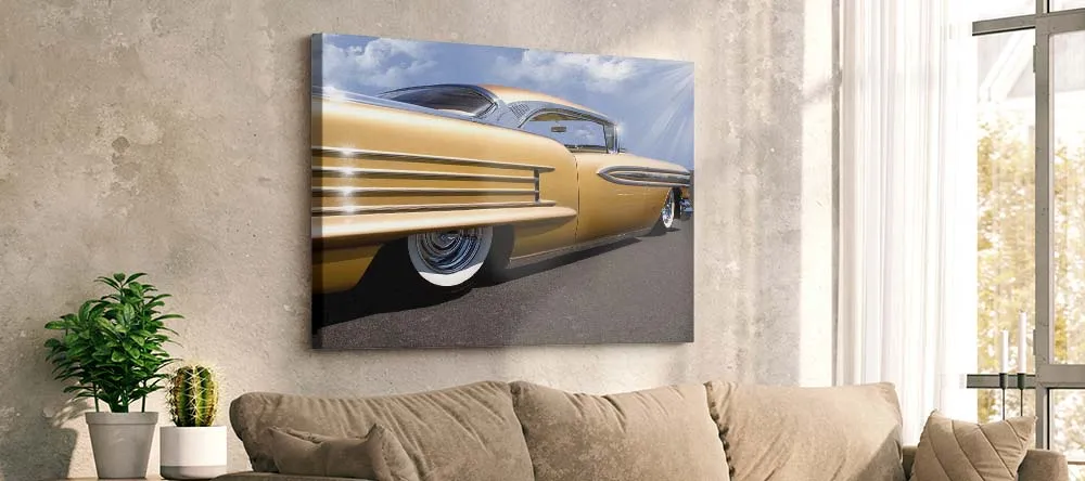 Vintage car wall art: one bold print with a yellow car on the beige wall