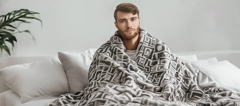 Customized blankets for boyfriends: a young man wrapped in a blanket