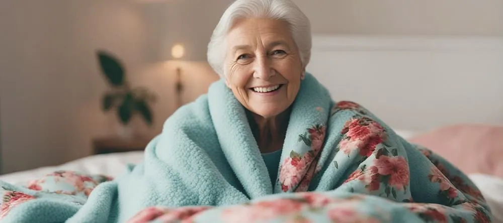 Personalized blankets for grandma: a lady sitting on the couch and wrapping herself in a blanket