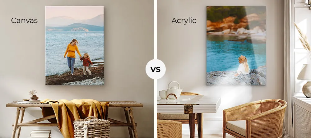 Acrylic Print vs Canvas Print: two prints displayed next to each other on the wall