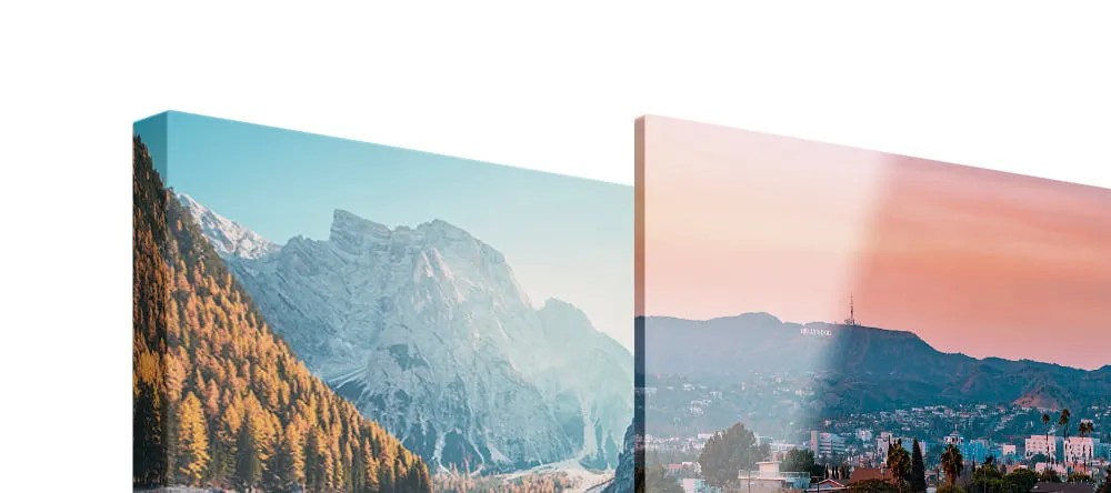 Acrylic Print vs Canvas Print: two prints next to each other; on the right, an acrylic print, and on the left, a canvas print.
