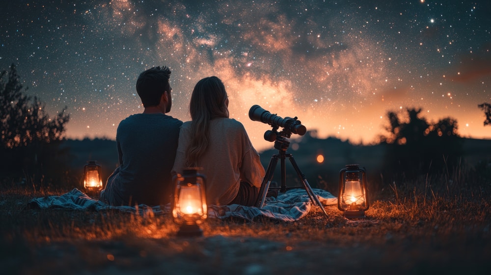 Couple stargazing during a romantic trip or date night together