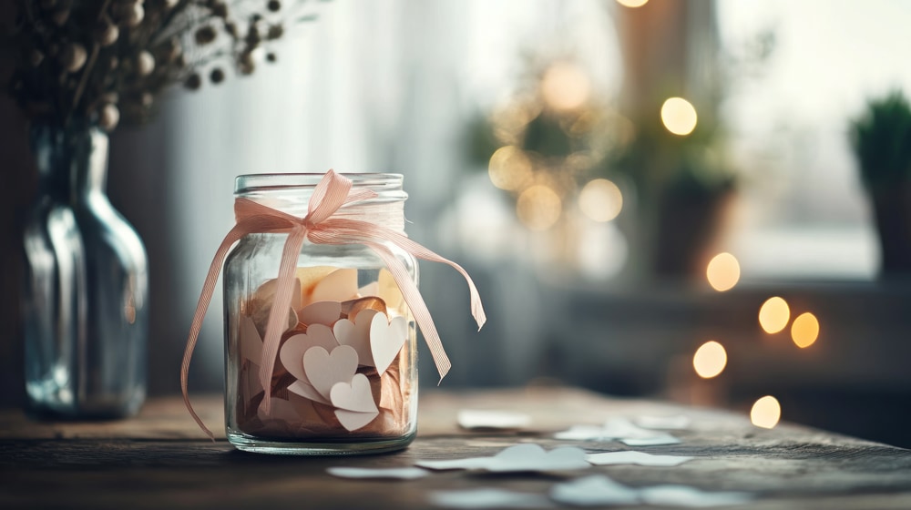 A memory jar filled with date ideas for a year of couples activities