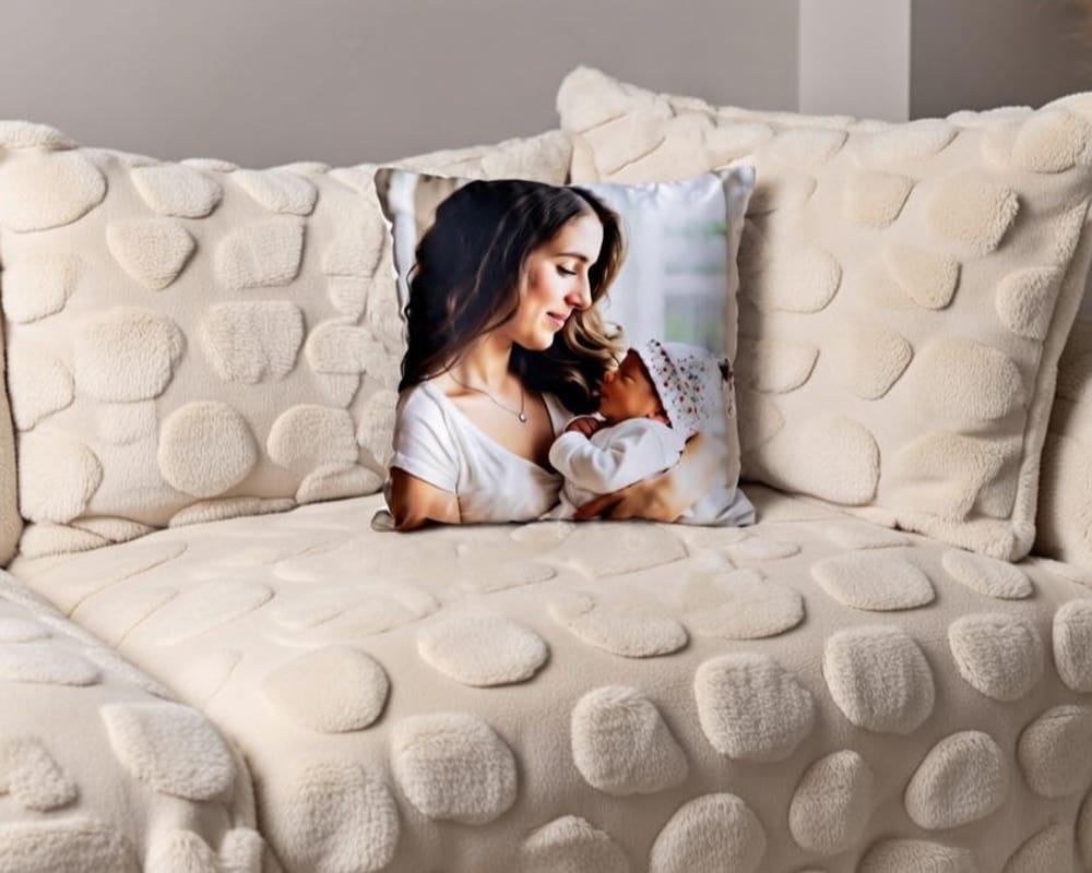 Custom photo pillow for a nursing nook as a first Mother's Day gift for new moms