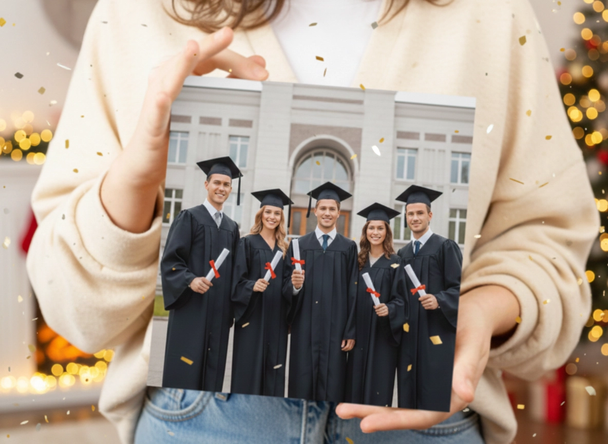 A collection of MIXPIX photo tiles showcasing graduation photos and short quotes, arranged as a wall display