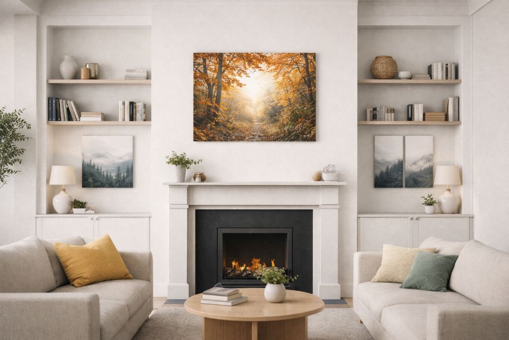 Canvas print displayed above a fireplace mantel