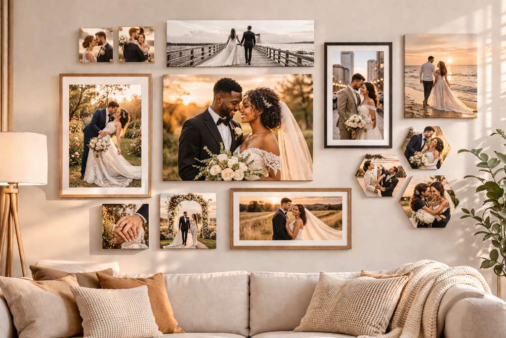 Wedding photos displayed as high-quality wall art in a living room.