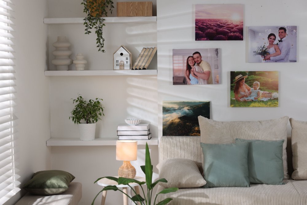 A stylish gallery wall featuring a mix of photo tiles and polaroid prints