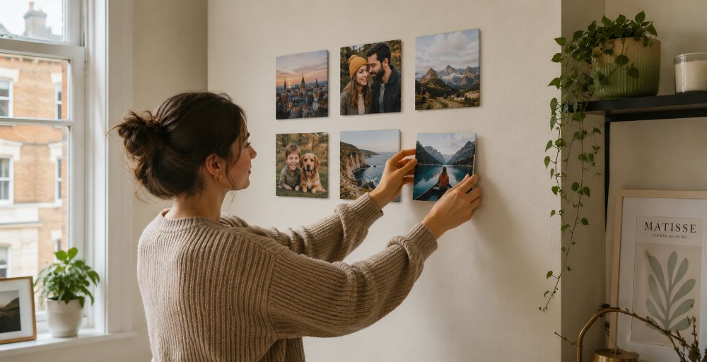 Step-by-step guide to hanging photo tiles without wall damage