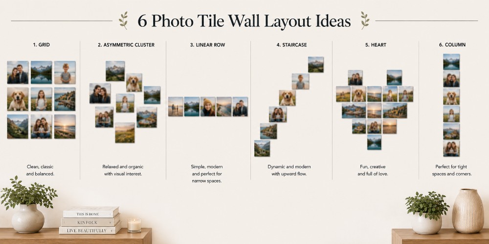 A collection of creative photo tile and polaroid wall layout ideas