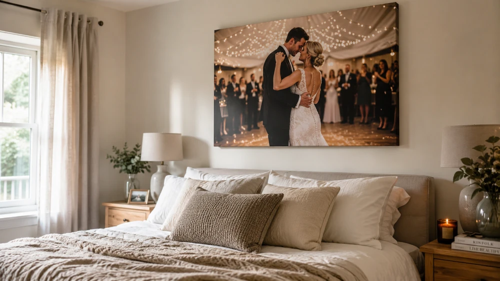 Elegant wedding photo display in a modern living room