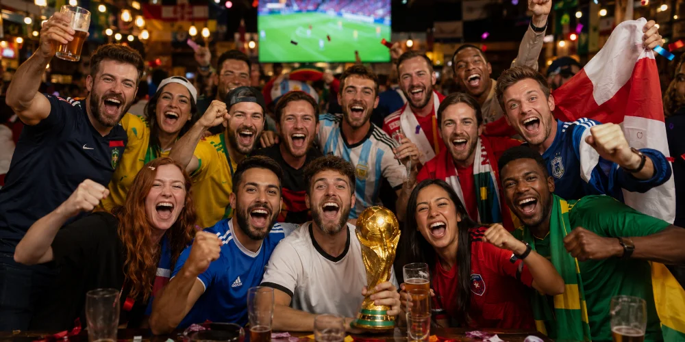 Friends celebrating the World Cup in a sports bar