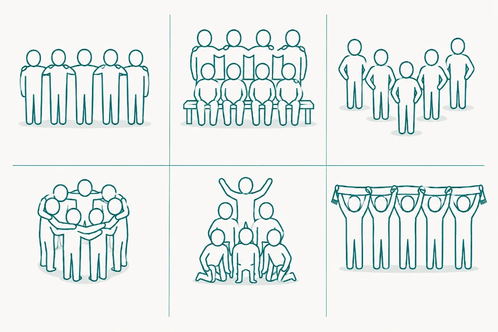 Diagram of group photo formations for different crew sizes