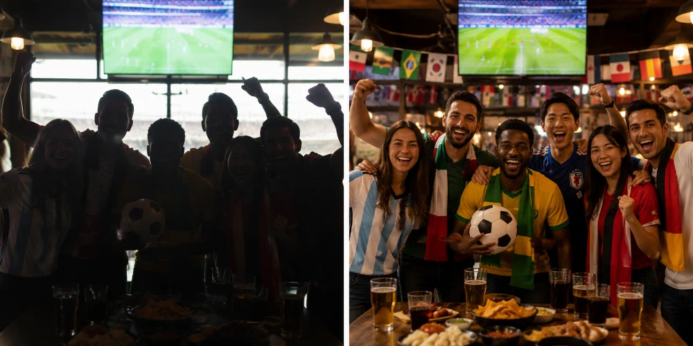 Group of fans in a dimly lit sports bar
