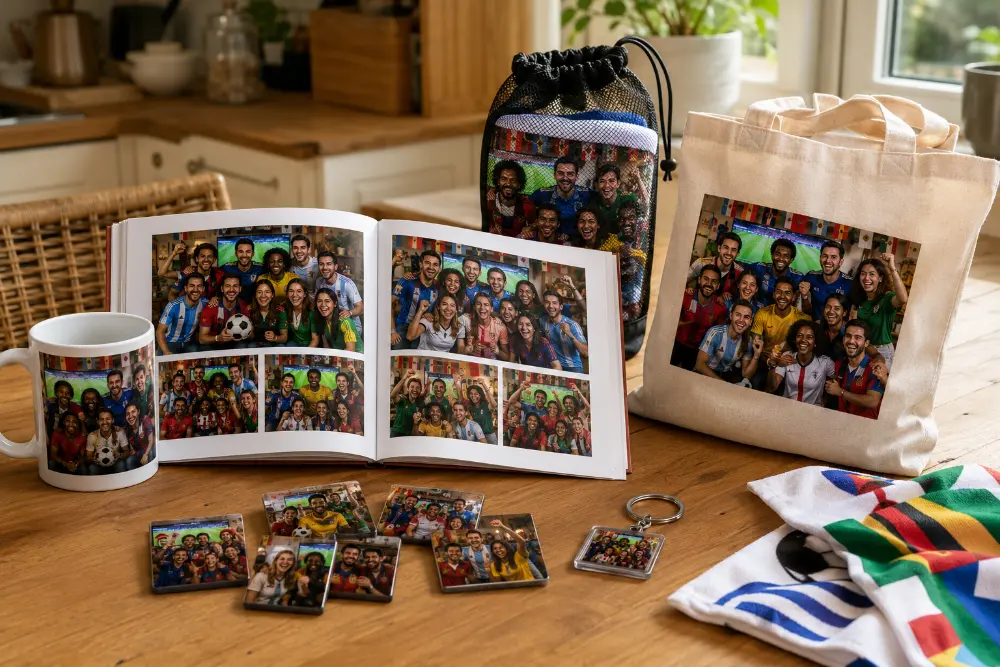 A large canvas print of a World Cup group photo on a wall