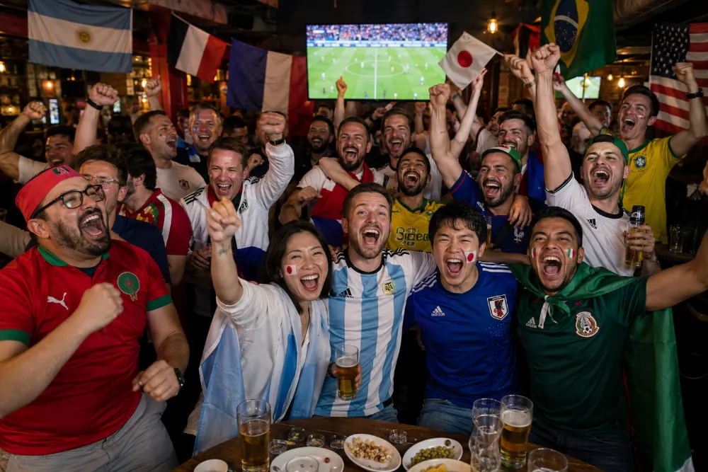 Fans celebrating a soccer goal in a sports bar