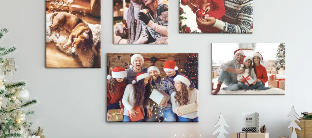 Photo Canvas for Christmas 2025. Multiple Christmas canvas prints on wall.