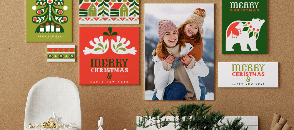 Your Essential Guide to Christmas Canvas Ideas. Colorful Christmas Canvas prints displayed on wall.