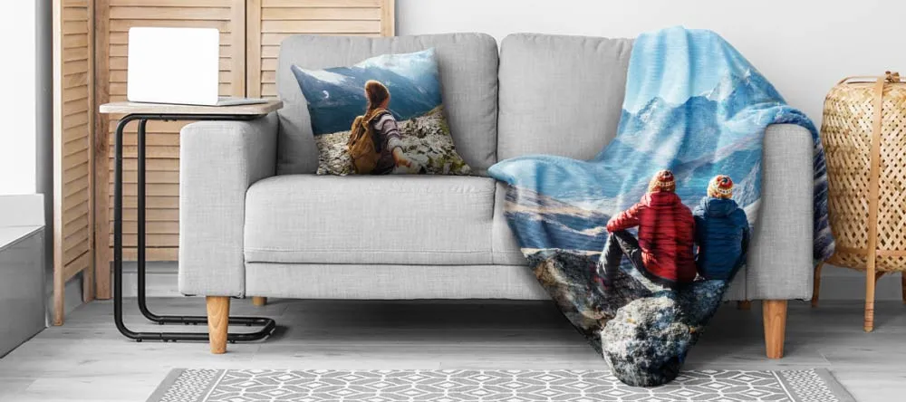 How to Wash a Photo Blanket at Home. Photo blanket next tp photo cushion.