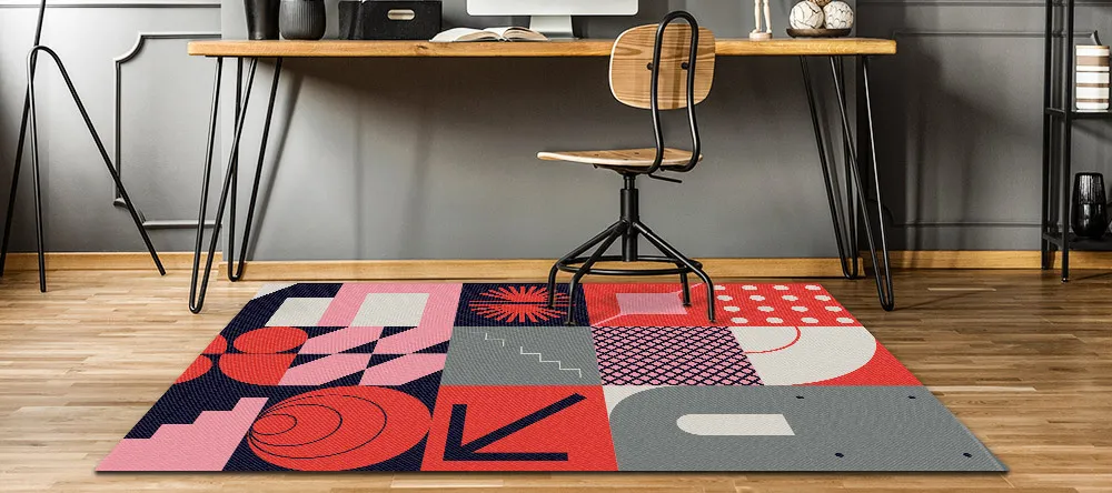 Custom Rugs with Logo or Picture. Colorful personalized rug under computerdesk. 