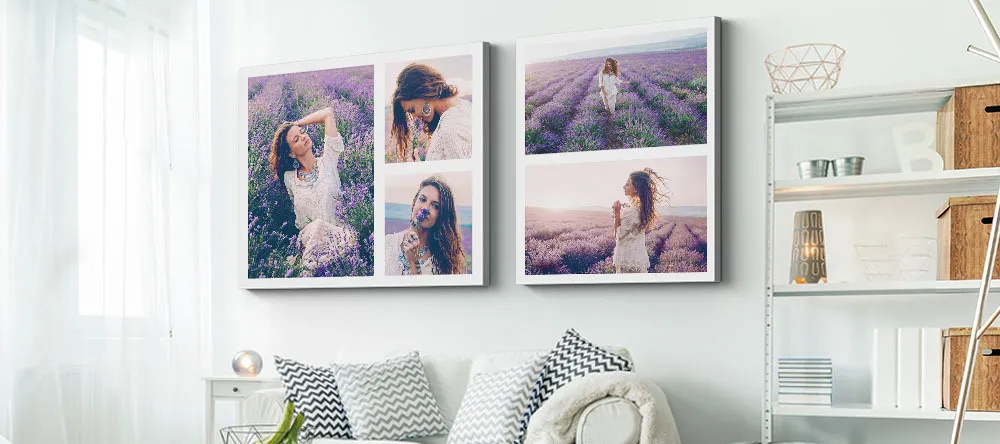 How to Make a Collage on Canvas. Multiple canvas collage prints in living room.