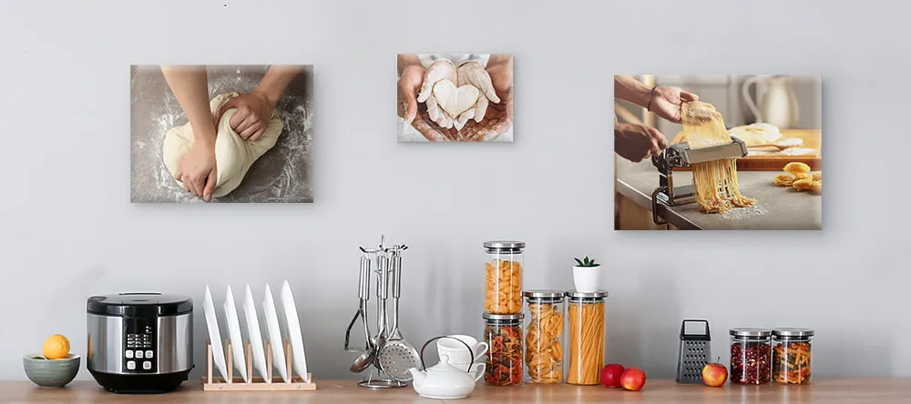 Canvas prints for the kitchen: several canvas prints displayed above a kitchen table