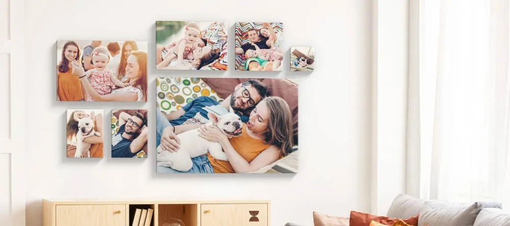 Canvas Printing Near Me. Multiple canvas prints of different sizes featuring family photos.