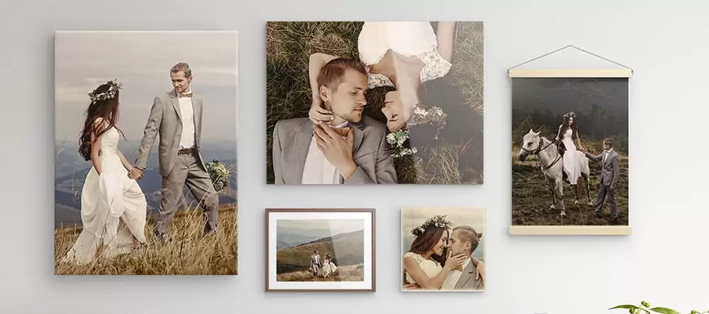 Wedding Canvas Prints: a wedding-themed wall art display with various print formats