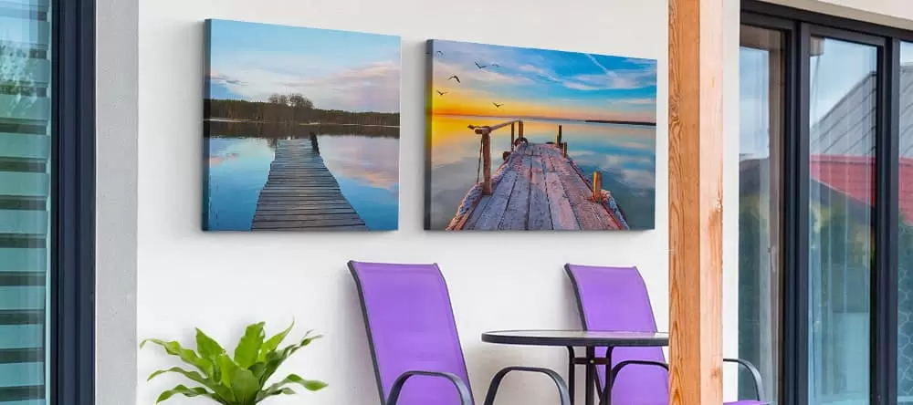 Canvas art for outdoors: two canvas prints hung on the terrace