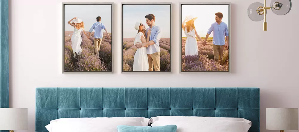 What Is a Floating Frame: three canvas prints in floating frames on the wall