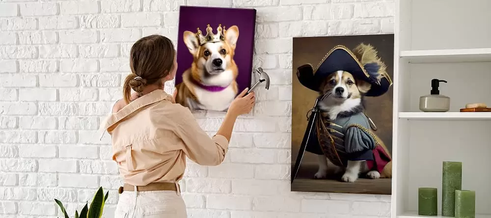 Dog canvas art: woman hanging fun dog illustrations on the wall