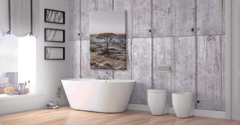 Should you display canvas in bathroom? Canvas print with sunset displayed in modern bathroom.