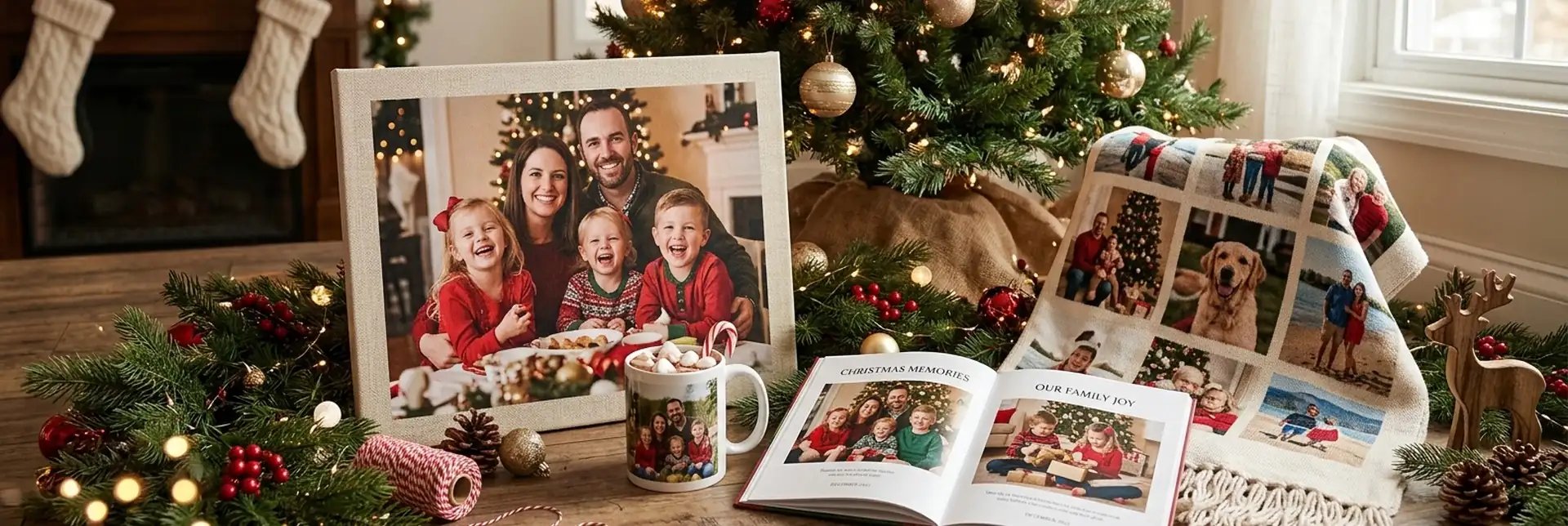 Personalized Christmas photo gifts by a tree, including a family canvas, photo mug, photo book, and blanket