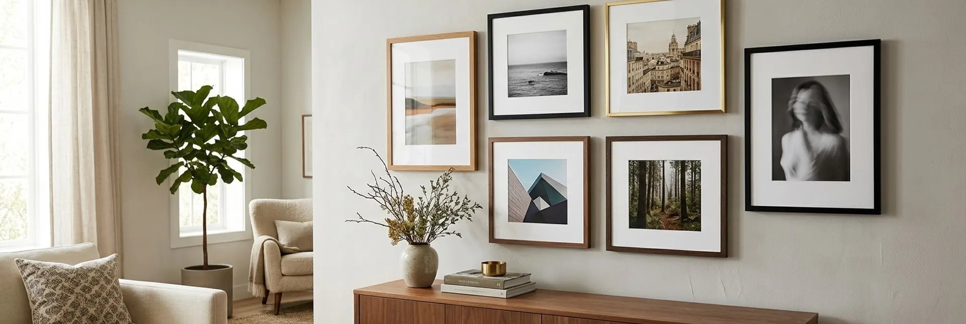 A gallery wall of six matted framed prints in oak, black and gold frames above a walnut sideboard in a bright living room