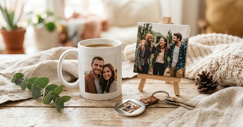 Collection of personalized photo gifts under fifty dollars including canvas prints, photo mugs, keychains, and photo tiles arranged on a table with price tags
