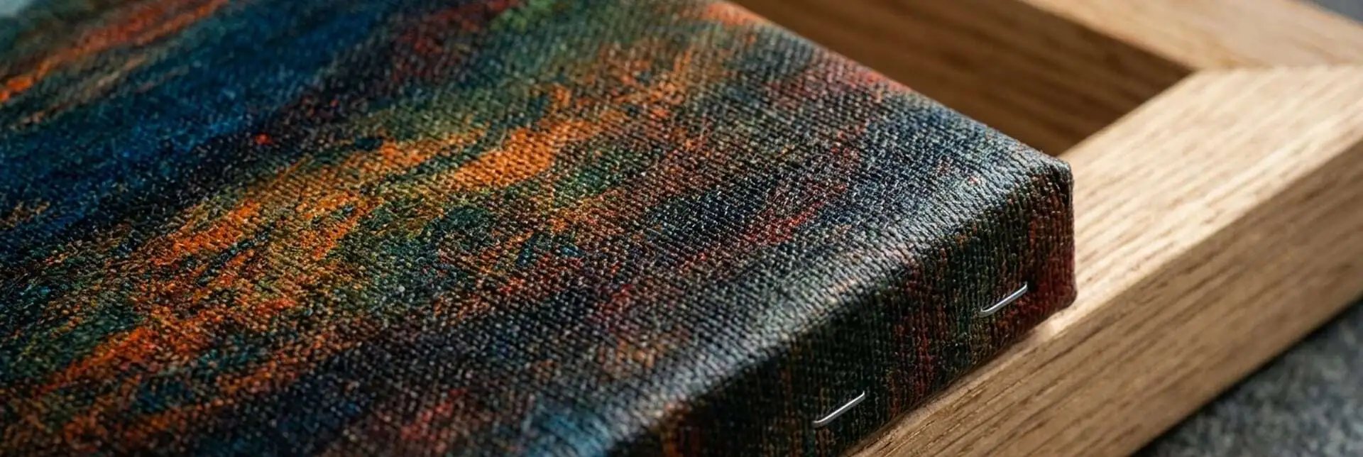 Close-up of a canvas print's tightly woven textured surface stretched over a solid wooden frame