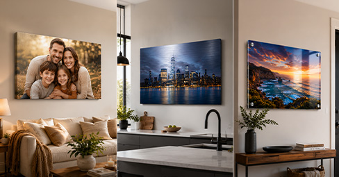 Side-by-side comparison of the same landscape photo printed on canvas, metal, and acrylic showing the difference in finish, color and texture